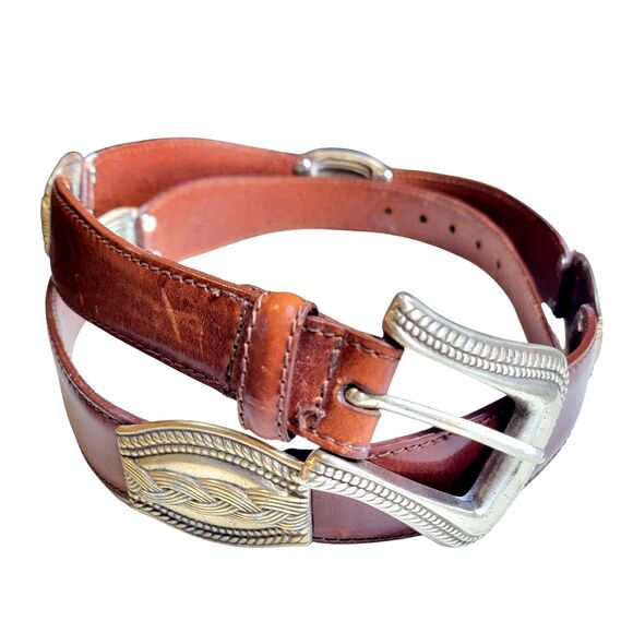 Fossil Leather Belt Women Neutral Tan Size XL Silverplated Santa Fe Style - Picture 2 of 13